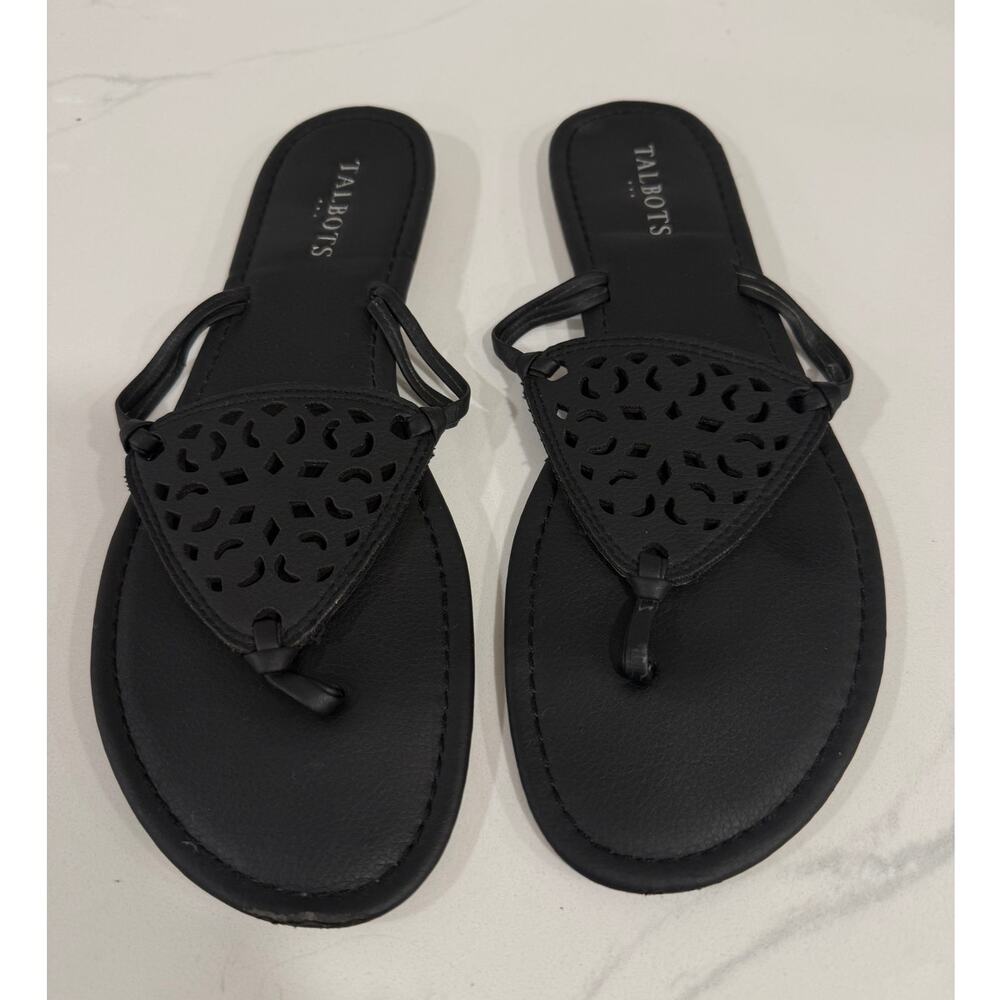 Talbots Black Laser Cut Thong Sandals Size 9 Fit 8.5 Flat Slip On Summer Shoes